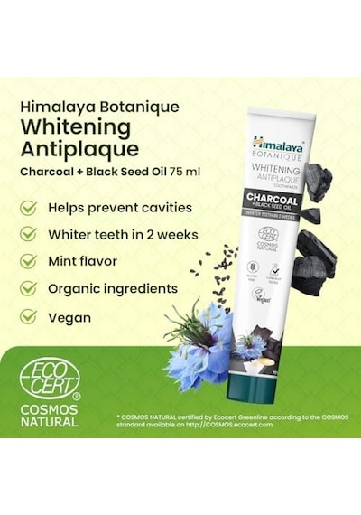 Himalaya Botanique Beyazlatıcı Plak Karşıtı Diş Macunu 75 Ml Ecocert Cosmos Sertifikalı Organik Aktif, Kömür, Çörek Otu Yağı Florür Ve Gluten İçermez