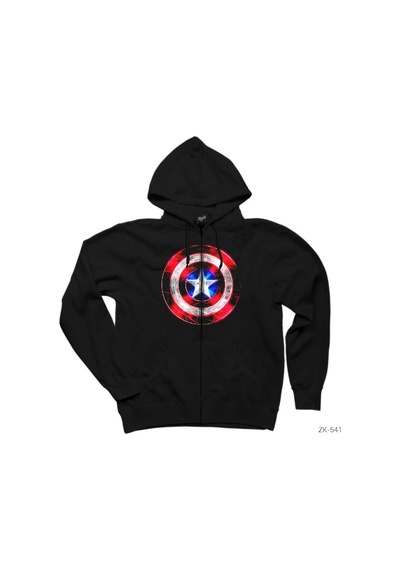 Captain America Sheild Neon Siyah Fermuarlı Kapşonlu Sweatshirt Siyah