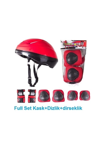 Çocuk Kask Dizlik Dirseklik Koruyucu Set 7 Parça Kırmızı