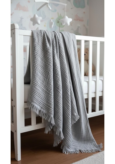 4 Katlı %100 Pamuk Müslin Saçaklı Bebek Battaniye (100x120 cm)(250 Gram) Açık Gri