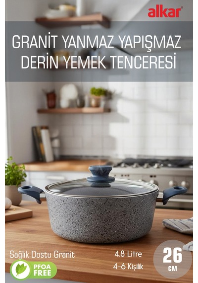 26 Cm Bio Granit Derin Tencere Yanmaz Yapışmaz, Pfoa Free, Yüksek Isıya Dayanıklı Siyah