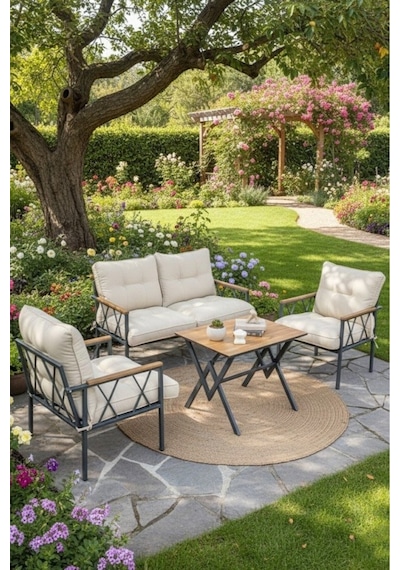 Ard & Garden Miray 211 Masalı Krem Fermuarlı Bahçe Balkon Takımı, Salon, Teras- Berjer Düğmeli Metal Çay Seti Krem