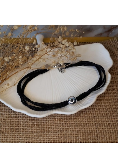 Siyah Makrome İp & Metal Boncuk Kadın Choker Kolye Yeşil