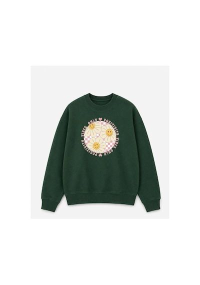 Herkesemoda Gülen Yüzler Emoji Baskılı 2 İplik Şardonlu Bisiklet Yaka Sweatshirt Yeşil