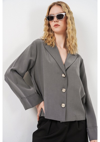 Bigdart Kadın Kruvaze Yaka Oversize Ceket 0747 - Gri
