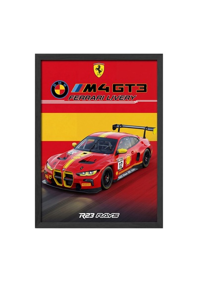 Bmw M4 Gt3 Siyah Ahşap Çerçeveli Poster, Dekoratif Araba Duvar Tablosu