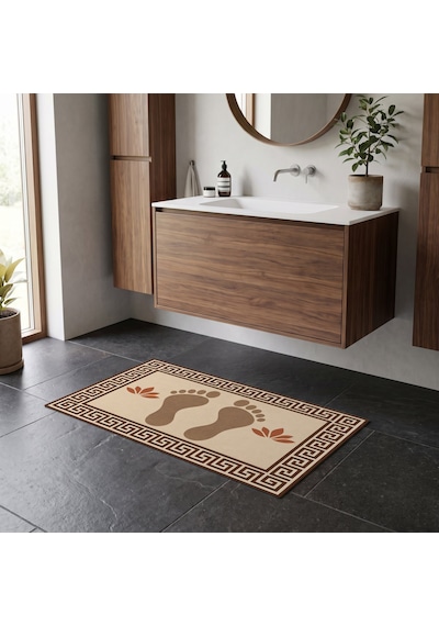 Kartela Halı Ayak İzi Desenli Banyo Paspası Bej Kaymaz Taban Makinede Yıkanabilir 60x90 Cm