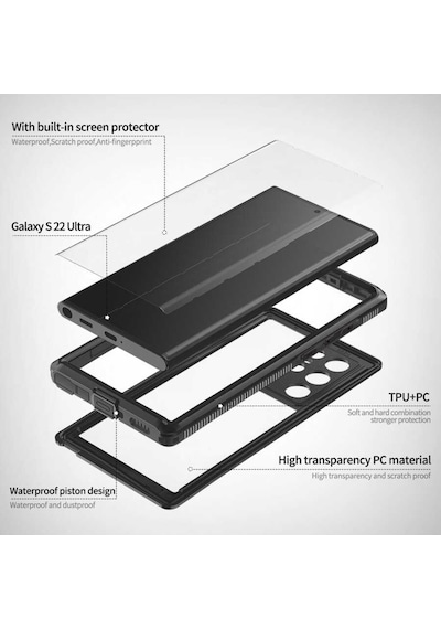 Galaxy S22 Ultra Kılıf 1-1 Su Geçirmez Kılıf Siyah