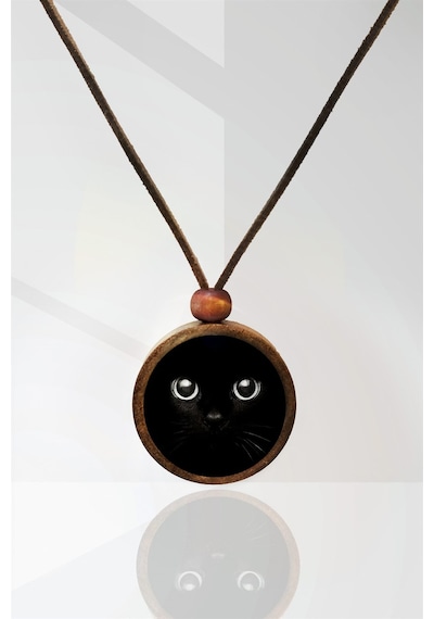Siyah Kedi Ahşap Kolye N11.37907 Gri