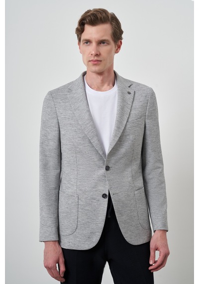 Morven Erkek Gri Keten Dokuma Desenli Slim Fit Mono Yaka Ceket 25ys002006100 Gri