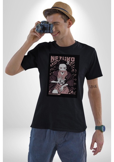 Nezuko Demon Slayer Unisex Unisex Siyah Organik Baskılı T-shirt Penye Yüksek Kalite Siyah