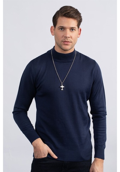 Tudors Slim Fit Dar Kesim Yarım Balıkçı Yaka Düz Erkek Kazak-23123 Lacivert