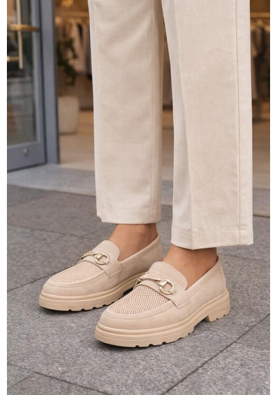 Kadın Nude Tokalı Loafer Ayakkabı Bej