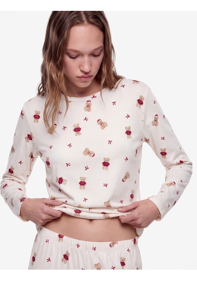 Koton Rahat Kesim Uzun Kollu Bisiklet Yaka Ayıcık Baskılı Pijama Takımı Ekru Desenli 7wlk40321mk