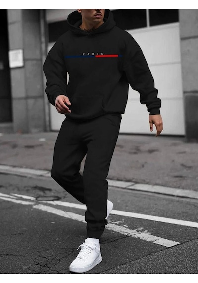 Paris Çizgi Eşofman Takımı Sweatshirt Jogger - Siyah Baskılı Oversize Şardonlu Kapüşonlu Siyah Paris Çizgi Eşofman Takımı Sweatshirt Jogger - Siyah Baskılı Oversize Şardonlu Kapüşonlu Siyah