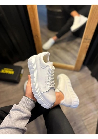 Mevese Ares Bağcıklı Cilt Erkek Günlük Sneaker Yüksek Taban Ayakkabı - Beyaz