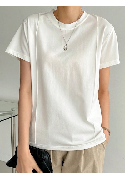 Kadın Kısa Kollu Çizgi Detaylı Basic Tişört Süprem Kumaş Yazlık Rahat T-shirt Beyaz