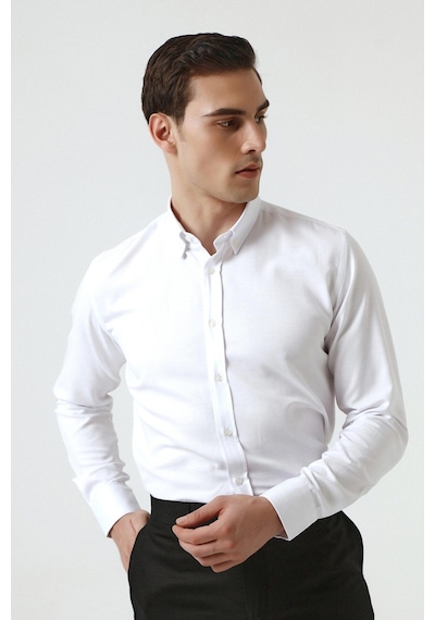 D's Damat Slim Fit Armürlü Düğmeli Yaka Pamuklu Erkek Gömlek - Beyaz 5HC02ORT07265 Beyaz