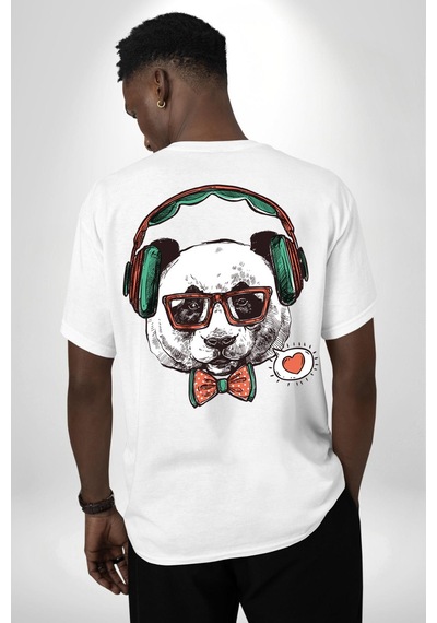 Kulaklıklı Hipster Portre Panda Beyaz Oversize Unisex Ön Ve Sırt Baskılı Tişört Beyaz