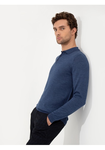 Cacharel İndigo Slim Fit Polo Yaka Basic Triko Kazak Mavi