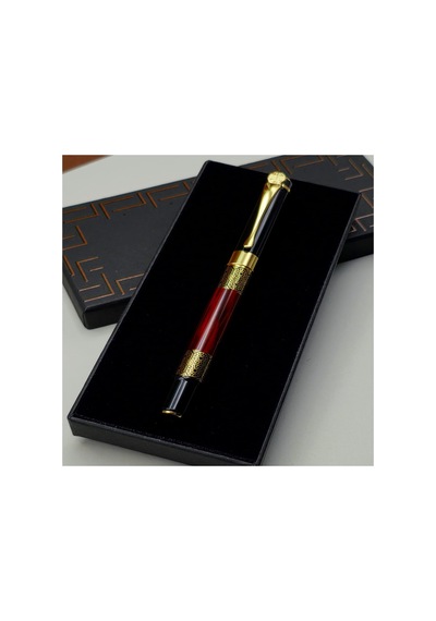 5 Adet Desenli Metal Roller Kalem Kutulu İmza Kalemi Kahverengi Kutu, Gold Desenli Metal Pen, Vip Hediyelik 1