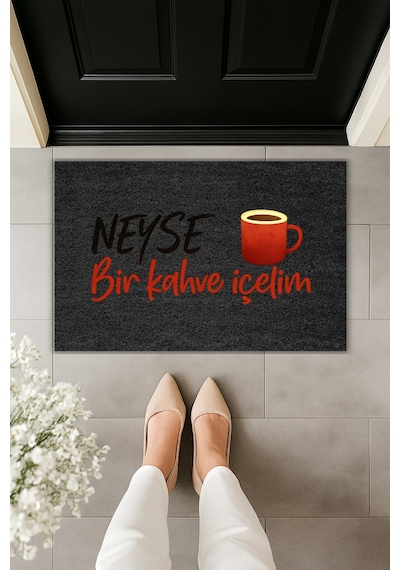 Rugmood Modern Dijital Baskı - Neyse Bir Kahve İçelim - Kapı Önü Paspası Siyah