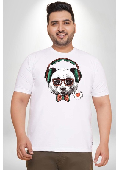 Angemiel Kulaklıklı Hipster Portre Panda Beyaz Büyük Beden Kadın Erkek Ünisex Basic Ön Baskılı Tişört Beyaz