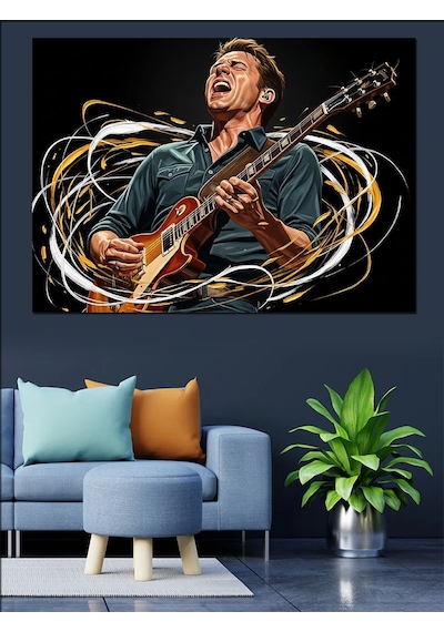 Ahşap Tablo Gitar Çalan Karizmatik Müzisyen Portresi