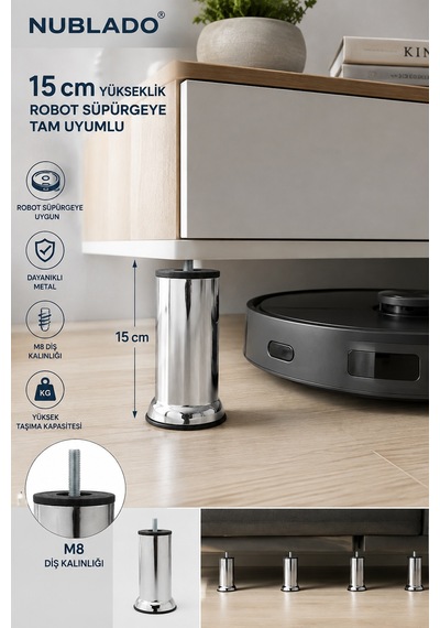 15 Cm Krom Metal Mobilya Ve Koltuk Ayağı M8 Vidalı Bt Robot Süpürge Uyumlu Gri