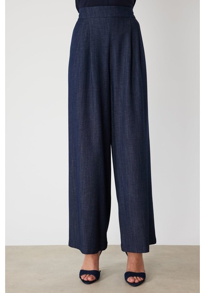 On Kadın Beli Lastikli Bol Paça Kumaş Pantolon 70701 Indigo Indigo