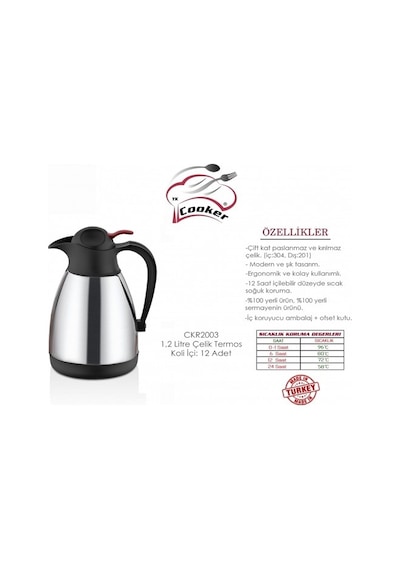 Cooker 1.2 Litre Çift Katlı Paslanmaz Çelik Sürahi Termos Ckr2003