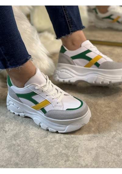 Günlük Kadın Sneaker Kalın Yüksek Taban Bağcıklı Rahat Tiger Şeritli Spor Ayakkabı 032 09-taş Yeşil Sarı Günlük Kadın Sneaker Kalın Yüksek Taban Bağcıklı Rahat Tiger Şeritli Spor Ayakkabı 032 09-taş Yeşil Sarı