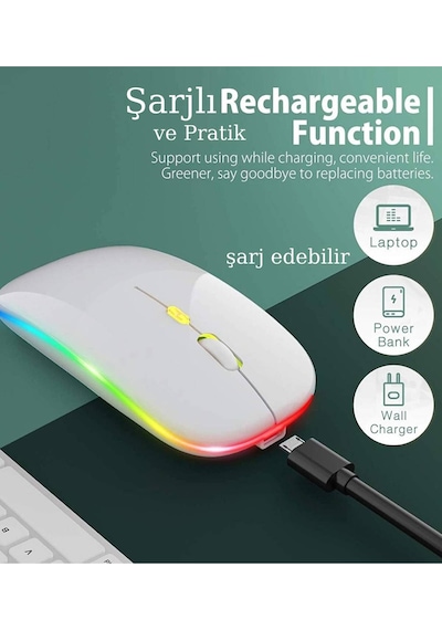 Plentiful Rgb Işıklı Şarjlı Kablosuz 2.4g+bluetooth Mouse Sessiz Beyaz