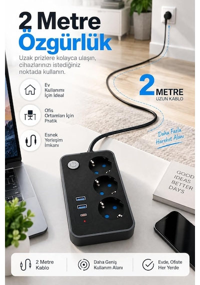 Tr Blic 3'lü Termal Akım Korumalı Uzatma Prizi 2 Metre Kablolu, 2 Usb + 1 Type-c Hızlı Şarj, Çocuk Korumalı, 0