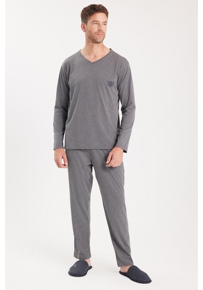 Tudors Erkek Standart Fit %100 Pamuk V Yaka Beli Lastikli Gri Pijama Takımı-37938 Gri