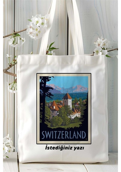 Art Hediye Switzerland İsviçre Baskılı Bez Çanta Omuz Çantası Kişiye Özel Desen Çok Renkli