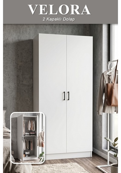 Velora Gardrop Askılı Elbise Dolabı Raflı Elbise Dolabı Beyaz