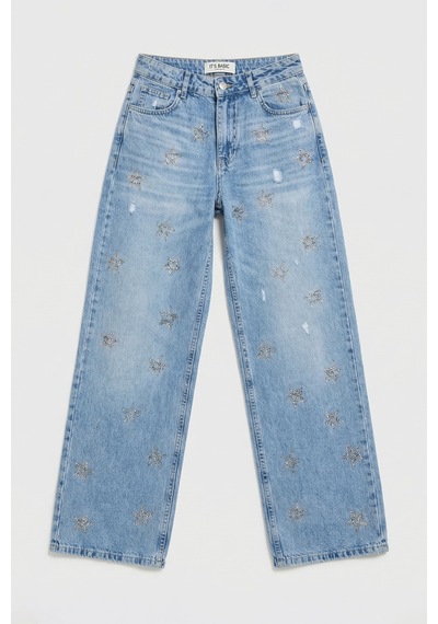 Itsbasic Kadın Mavi T1-12s6-99 Straight Fit Parlak Yıldız Taşlı Özel Tasarım Denim Jean