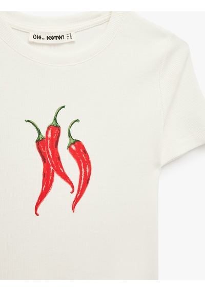 Koton Pamuklu Slim Fit Kısa Kollu Bisiklet Yaka Baskılı Tişört Ekru 6sal10962ık