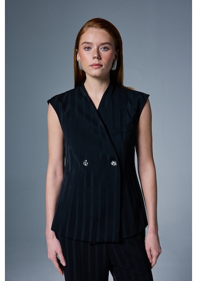 Sateen Anna Çizgili Yelek - Siyah-137101 Siyah