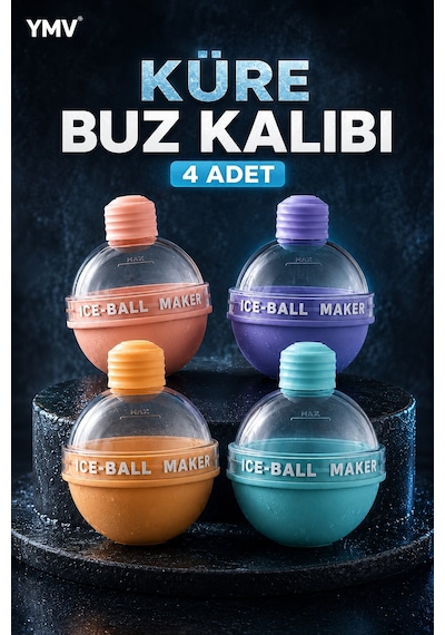 Ymv 4 Adet Küre Buz Kalıbı Büyük Yuvarlak Buz Topu Kalıbı Kahve Kola Soğuk İçecek Buzluğu Asorti
