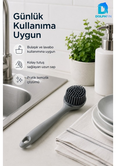Silikon Başlıklı Bulaşık Ve Lavabo Temizleme Fırçası 22 Cm Gri