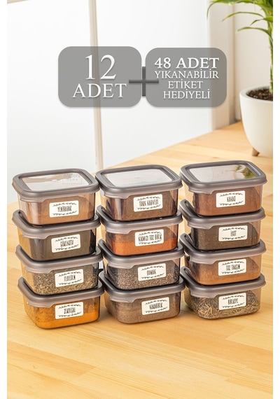 12'li Etiketli Baharatlık Seti - Kapaklı Kare Baharat Takımı Saklama Kabı 12x300 Ml Antrasit