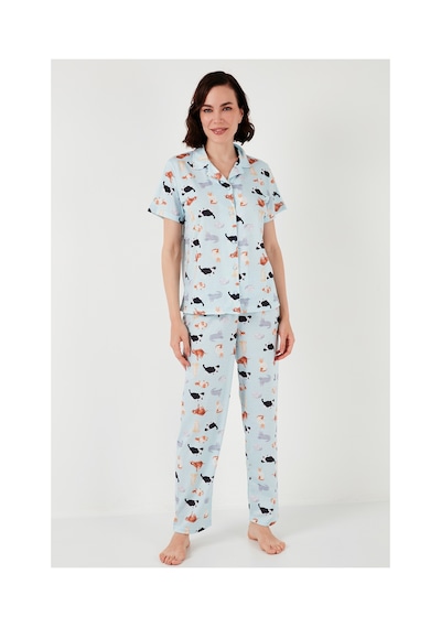 Lela Desenli Kısa Kollu Beli Lastikli Gömlek Yaka Dokuma Regular Fit Bayan Pijama Takımı 6571010 Mint