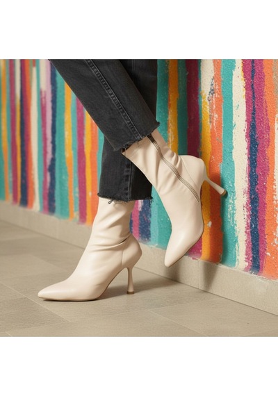 Dabab Shoes Kadın Marya Bej Streç Cilt Yandan Fermuar Sivri Burun İnce Topuklu Bot