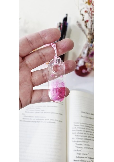 Pembe Çiçek Desenli Kitap Ayracı, Kurutulmuş Çiçek Detaylı, Şeffaf Reçine Kaplama