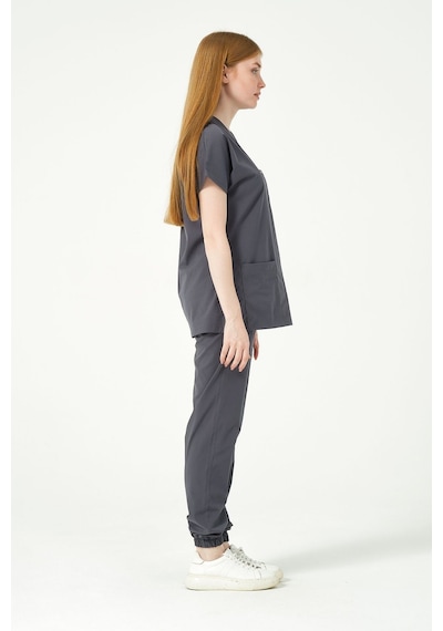 Füme Likralı Scrubs Jogger Paça Doktor Hemşire Forması Yarasa Kol Takım Unisex