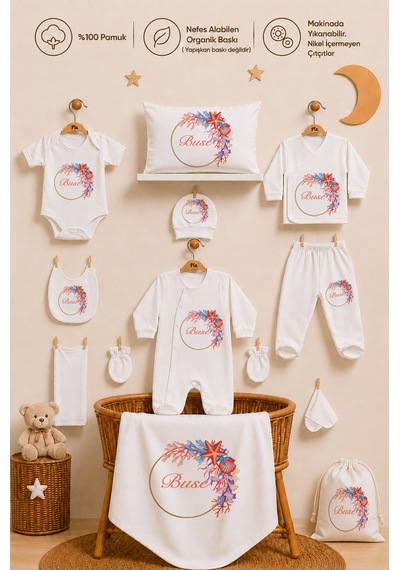 Pia Baby Kız Bebek Hastane Çıkışı Seti 12 Parça %100 Pamuk İsimli Kişiye Özel Organik Baskılı Kıyafet Keseli 103711k3x Ekru