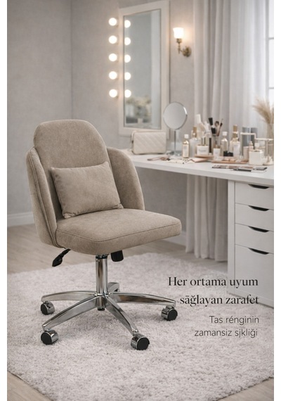 Dekoratif Çalışma Sandalyesi Taş Rengi Makyaj Masası & Butik & Kamera Önü Kullanım Bej Dekoratif Çalışma Sandalyesi Taş Rengi Makyaj Masası & Butik & Kamera Önü Kullanım Bej