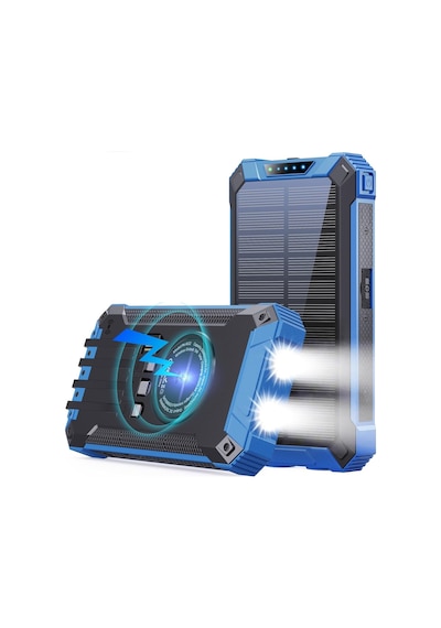 10000mah Solar Powerbank Wireless Kablosuz Şarj Özellikli Kendinden Kablolu Taşınabilir Şarj Aleti Mavi